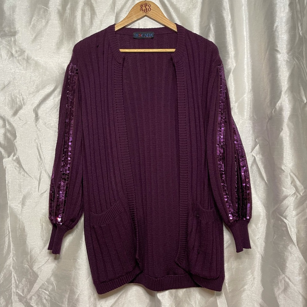 Escada by Margaretha Ley VTG 90s Sequin Striped Puff Sleeve Wool Winter Cardigan